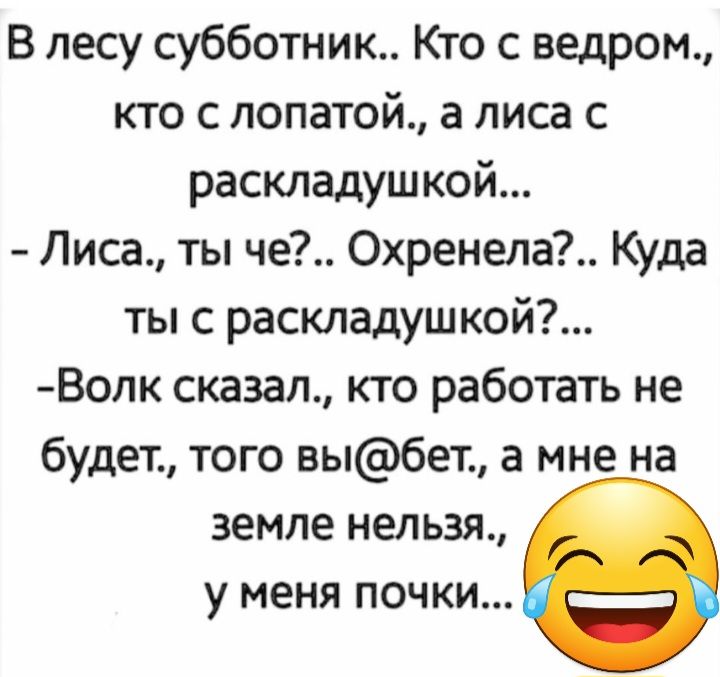 В лесу субботник Кто с ведром кто с лопатой а лиса с раскладушкой Лиса ты че Охренела Куда ты с раскладушкой Волк сказал кто работать не будет того выбет а мне на земле нельзя у меня почки