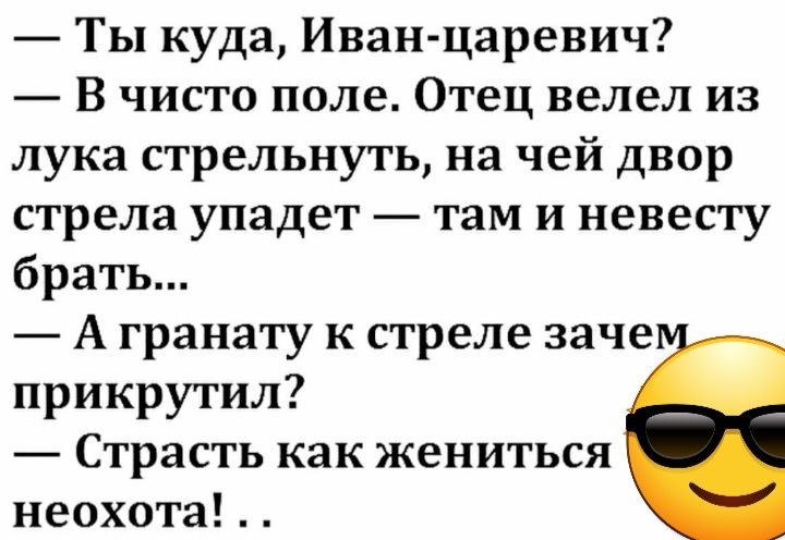 Ты куда Иванцаревич В чисто поле Отец велел из лука стрельнуть на чей двор стрела упадет там и невесту брать А гранату к стреле заче прикрутил Страсть как жениться неохота