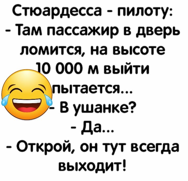 Стюардесса пилоту Там пассажир в дверь ломится на высоте 0 000 м выйти ытается В ушанке да Открой он тут всегда выходит