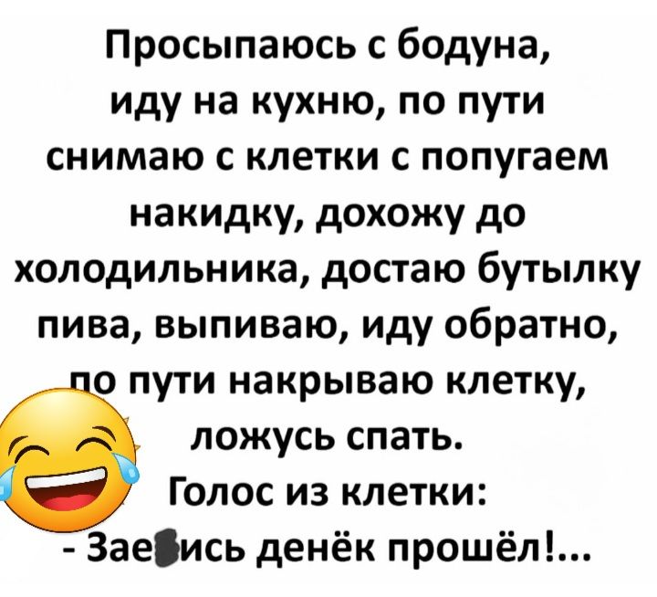 Просыпаюсь с бодуна иду на кухню по пути снимаю с клетки с попугаем накидку дохожу до холодильника достаю бутылку пива выпиваю иду обратно о пути накрываю клетку ложусь спать Голос из клетки 3аеись денёк прошёл