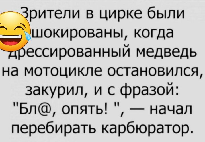 рители в цирке были шокированы когда ессированный медведь на мотоцикле остановился закурил и с фразой Бл опять начал перебирать карбюратор