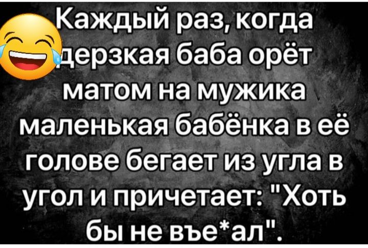 аждый раз когда аерзкая баба орёт матом на мужика маленькая бабёнка в её голове бегает из угла в угол и причетает Хоть бы не въеал