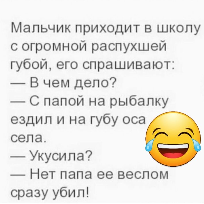 Мальчик приходит в школу с огромной распухшей губой его спрашивают В чем дело С папой на рыбалку ездил и на губу оса села Укусипа Нет папа ее веслом сразу убил