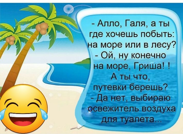 Аппо Галя а ты где хочешь побыть на море или в лесу Ой ну конечно 4 на море Гриша А ты что путевки берешь да нет выбираю освежитель воздуха дт туалета