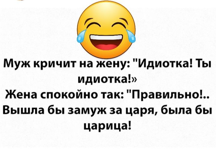 Муж кричит на жену Идиотка Ты идиотка Жена спокойно так Правипьно Вышла бы замуж за царя была бы царица