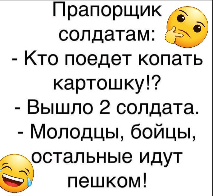 Прапорщик солдатам в Кто поедет копать картошку Вышло 2 солдата Молодцы бойцы остальные идут пешком