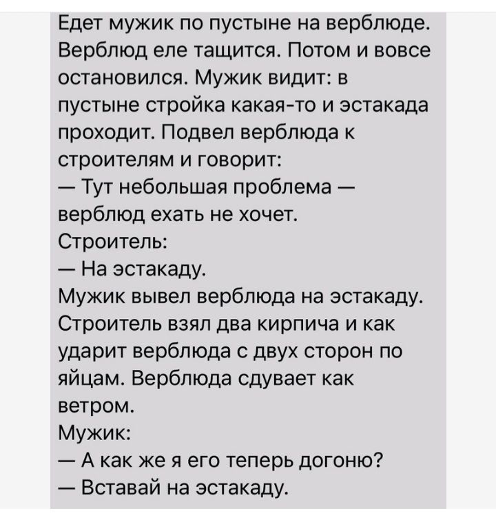 Едет мужик по пустыне на верблюде Верблюд еле тащится Потом и вовсе остановился Мужик видит в пустыне СТРОЙКВ какая то И ЭСТЭКЭДЕ проходите Подвел верблюда строителям и говорит Тут небольшая проблема верблюд ехать не хочет Строитель На эстакаду Мужик вывел верблюда на эстакаду Строитель взял два кирпича и как ударит верблюда с двух сторон по яйцам Верблюда сдувает как ветром Мужик А как же я его т