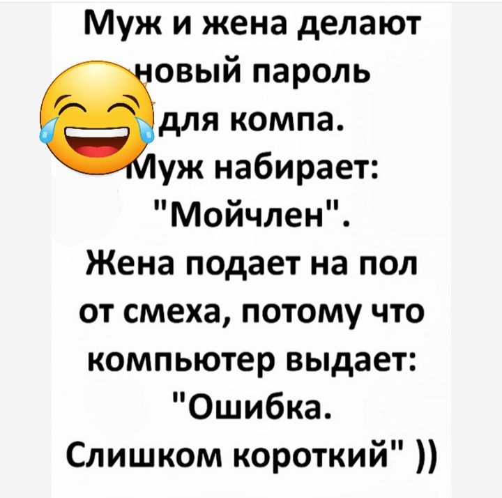 Муж и жена делают овый пароль для компа уж набирает Мойчлен Жена подает на пол от смеха потому что компьютер выдает Ошибка Слишком короткий