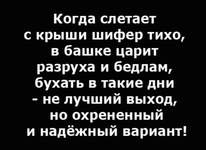 Когда слетает с крыши шифер тихо в башке царит разруха и бедпам бухать в такие дни не лучший выход но охрененный и надёжный вариант