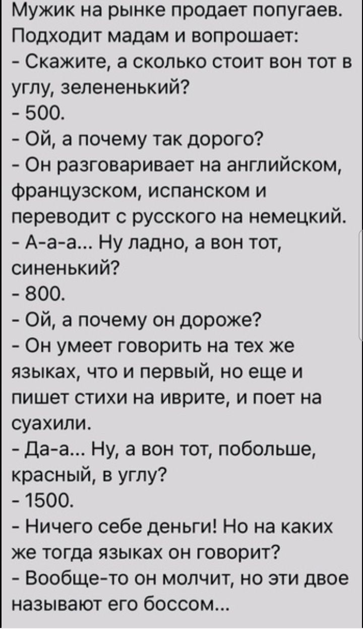 Мужик на рынке продает попугаев Подходит мадам и вопрошает Скажите а сколько стоит вон тот в углу Зелененький 500 Ой а почему так дорого Он разговаривает на английском Французском испанском и переводит с русского на немецкий Ааа Ну ладно а вон тот синенький 800 Ой а почему он дороже Он умеет говорить на тех же языках что и первый но еще и пишет стихи на иврите и поет на суахили Да а Ну а вон тот п