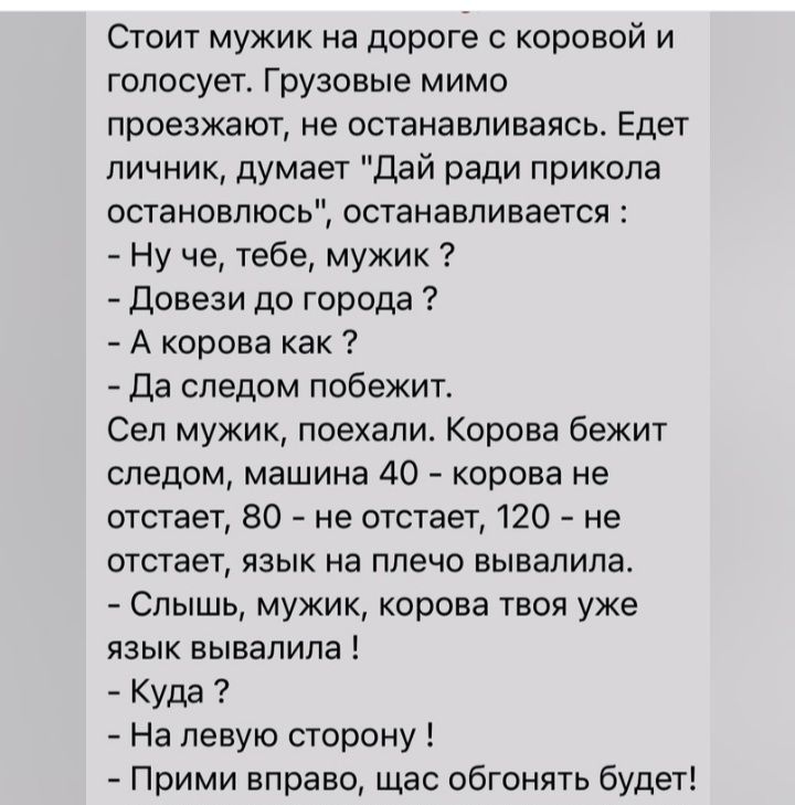 Стоит мужик на дороге с коровой и голосует Грузовые мимо проезжают не останавливаясь Едет пичник думает дай ради прикола остановлюсь останавливается Ну че тебе мужик довеаи до города А корова как да следом побежит Сеп мужик поехали Корова бежит следом машина 40 корова не отстает 80 не отстает 120 не 0ТСТЭЭТ ЯЗЫК На плечо ЕЫВЗПИПЗ Слышь мужик орова твоя уже язык вывалила Купэ На левую сторону Прими