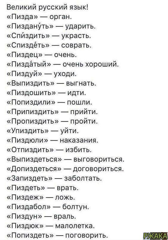 Великий русский язык Пизда орган ПизданУть ударить Спйздить украсть Спиздёть соврать Пиздец очень Пиздётый очень хороший Пиздуй уходи Быпиздить _ выгнать Пиздошить идти Попиздипи пошли Припиздить _ прийти Пропиадить пройти Упиздить уйти Пиздюпи наказания Отпиздить избить Выпиздеться выговориться Допиздеться договориться запиздеть заболтать Пиздеть врать Пиздеж ложь Пиздабоп болтун Пиздун врапь Пиз
