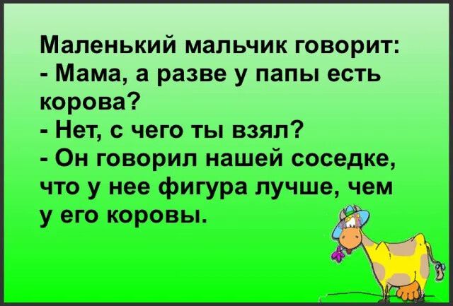 Маленький мальчик говорит Мама а разве у папы есть корова Нет с чего ты взял Он говорил нашей соседке что у нее фигура лучше чем у его коровы