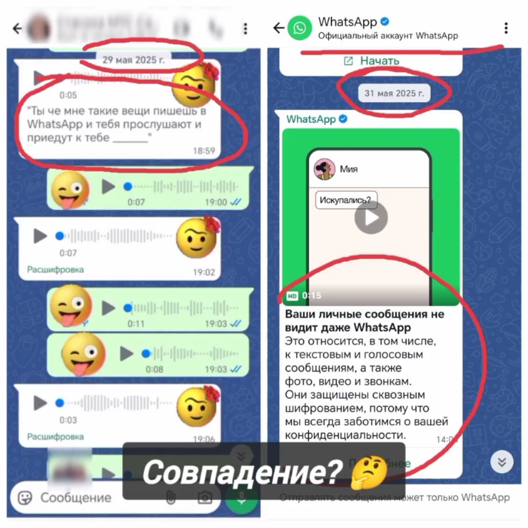 Ты же мне такие вещи пишешь в WhatsApp и тебя прослушивают и придут к тебе. Ваши личные сообщения не видит даже WhatsApp. Это относится, в том числе, к текстовым и голосовым сообщениям, которые защищены известным образом, и мы серьёзно заботимся о вашей конфиденциальности.