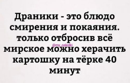 драники это блюдо смирения и покаяния только отбросив всё мирское Мёйёйо херачить картошку на тёрке 40 минут