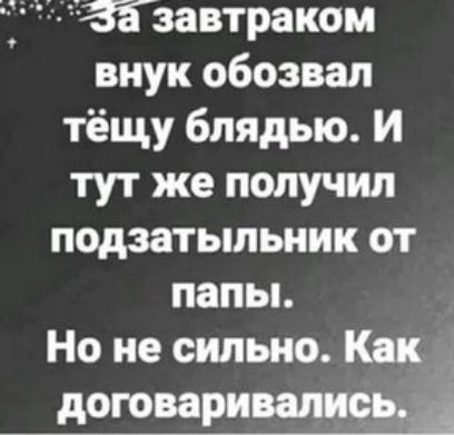 завтраком внук обозвал тёщу блядью И тут же получил подзатыльник от папы Но не сильно Как договаривалиэ