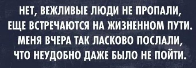 НЕТ ВЕЖЛИВЫЕ ЛЮДИ НЕ ПРОПАЛИ ЕЩЕ ВСТРЕЧАЮТСЯ НА ЖИЗНЕННОМ ПУТИ МЕНЯ ВЧЕРА ТАК ЛАСКОВО ПОСЛАЛИ ЧТО НЕУдОБНО дАЖЕ БЫЛО НЕ ПОЙТИ