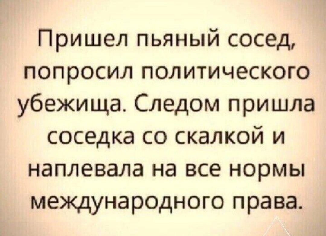 Пришел пьяный сосед попросил политического убежища Следом пришла соседка со скалкой и наплевала на все нормы международного права