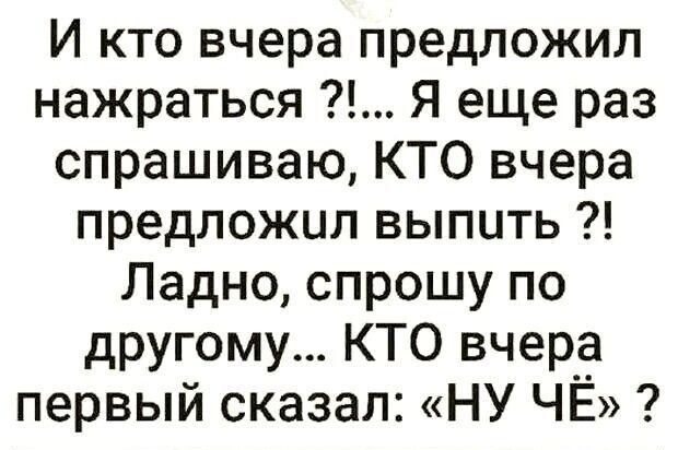 И кто вчера предложил нажраться Я еще раз спрашиваю КТО вчера предложил выпить Ладно спрошу по другому КТО вчера первый сказал НУ ЧЁ