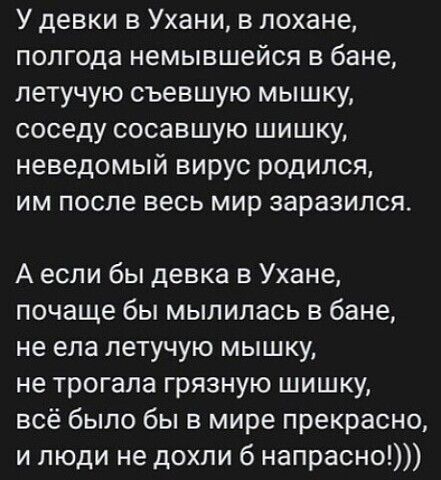 У девки в Ухани в лохане полгода немывшейся в бане летучую съевшую мышку соседу сосавшую шишку неведомый вирус родился им после весь мир заразился А если бы девка в Ухане почаще бы мылилась в бане не ела летучую мышку не трогала грязную шишку всё было бы в мире прекрасно и люди не дохли б напрасно