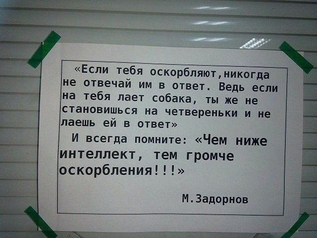Если тебя окор6ляютиикогда не отвечай им в оувет ведь если на тебя лает собака ты же не становишься на четвереньки и ие вешь ей в ответ и всегда помните Чем ниже ИНТЕЛЛЕКТ тем ГРФМЧЕ оскорбления тада