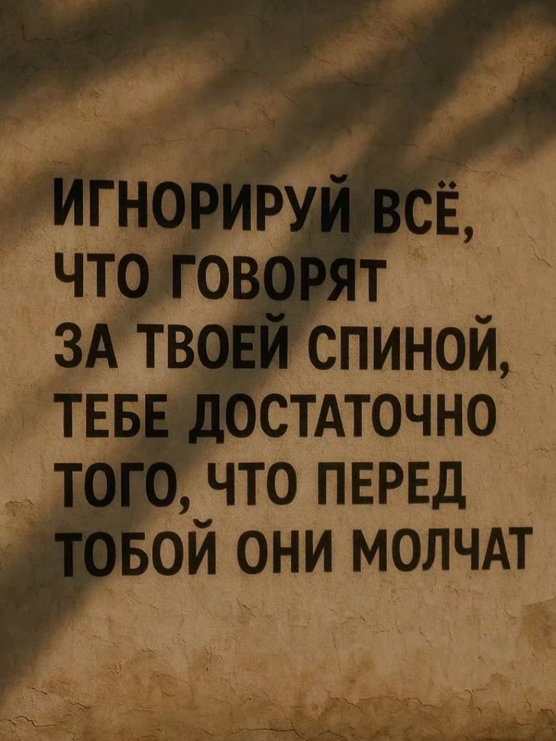 ИГНОРИРУЙ ВСЁ, ЧТО ГОВОРЯТ ЗА ТВОЕЙ СПИНОЙ, ТЕБЕ ДОСТАТОЧНО ТОГО, ЧТО ПЕРЕД ТОБОЙ ОНИ МОЛЧАТ