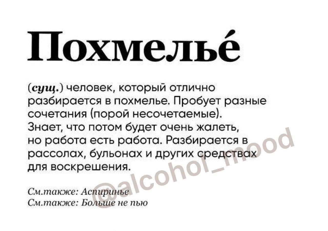 Похмельё сущ человек который отично разбирается в похмелье Пробует разные сочетания порой несочетаемыеі Знает что лотом будет очень жалеть но работа есть работа Роэбирается в рассолах бульоиах и других средствах для воскрешения См л Акцияпы гм г Больше не пью