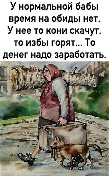 У нормальной бабы время на обиды нет У нее то кони скачут то избы горят То денег надо заработать