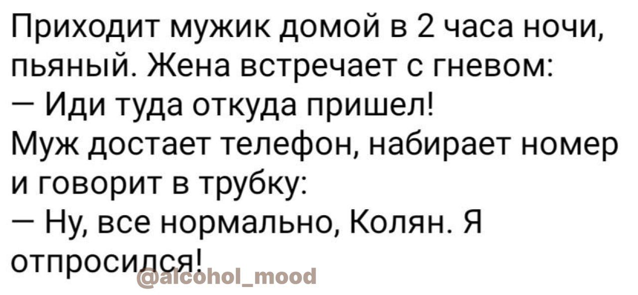 Приходит мужик домой в 2 часа ночи пьяный Жена встречает с гневом Иди туда откуда пришел Муж достает телефон набирает номер и говорит в трубку НувсенормальноКопянЯ отпросидояг