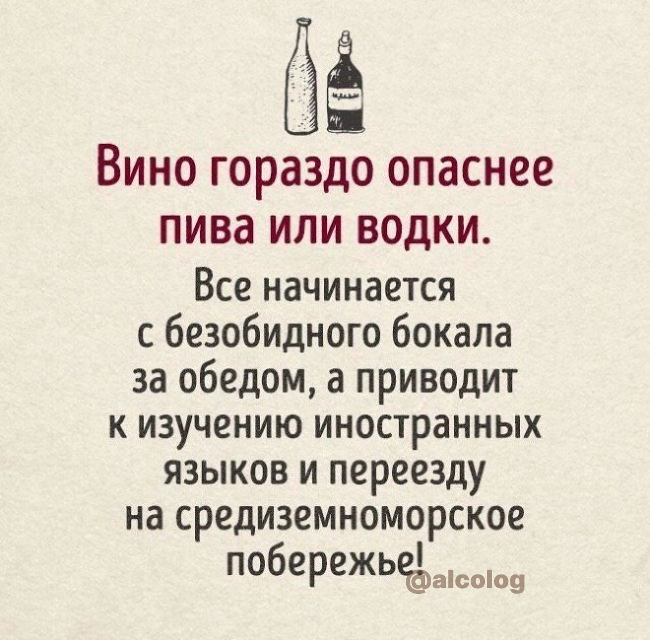 6 Вино гораздо опаснее пива или водки Все начинается с безобидного бокала за обедом а приводит к изучению иностранных языков и переезду на средиземноморское бережьъъжыоя