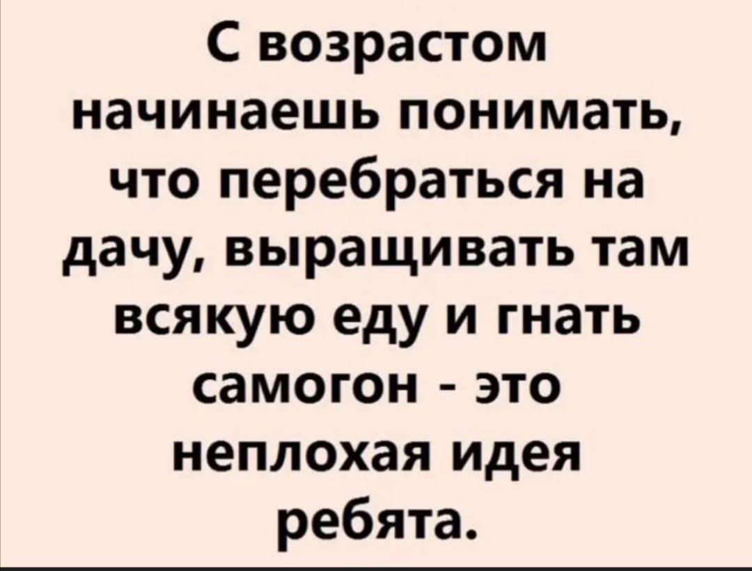 С возрастом начинаешь понимать что перебраться на дачу выращивать там ВСЯКУЮ еду И гнать самогон это неплохая идея ребята