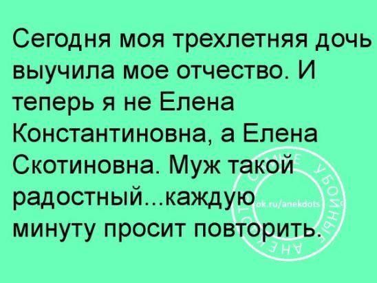 Сегодня моя трехлетняя дочь выучила мое отчество И теперь я не Елена Константиновна а Елена Скотиновна Муж такой радостныйкаждую минуту просит повторить