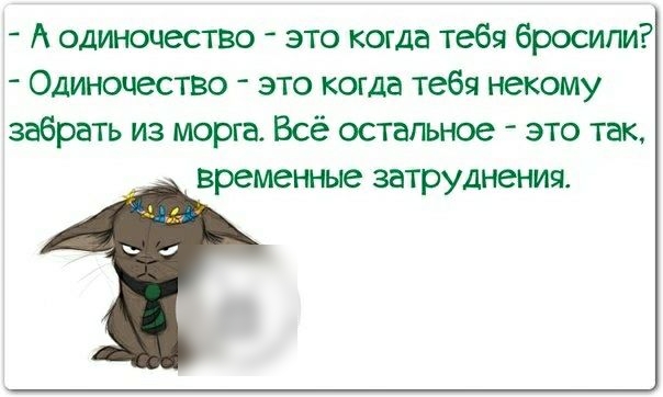 А одиночество это когда тебя бросит Одиночество это когда тебя некому забрать из морга Всё остальное это так временные затруднения