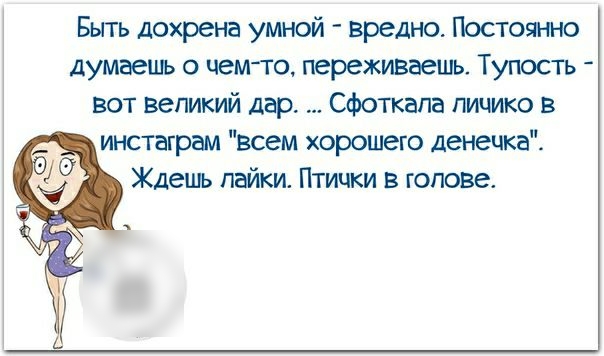 Быть дохрена умной вредно Постоянно думаешь о чемто переживаешь Тупость вот великий дар Сфоткапа личико в инстаграм всем хорошего Денечка Ждешь пайки Птички в голове