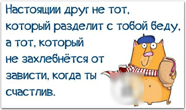 Настоящий друг не тот который разделит с тобой беду а тот который не захлебнётся от зависти когда ты у счастлив