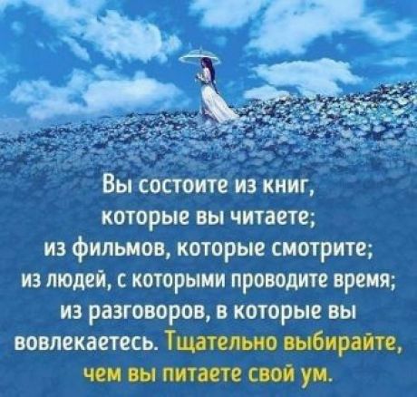 Вы состоите из книг которые вы читаете из фильмов которые смотрите из людей с которыми проводите время из разговоров в которые вы вовлекаетесь Тщательно выбирайте чем вы питаете свои уи