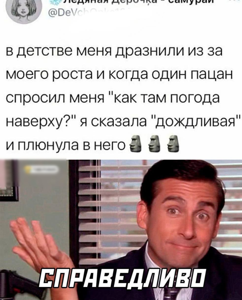 м 753 в детстве меня дразнили из за моего роста и когда один пацан спросил меня как там погода наверху я сказала дождливая и плюнула в него 3 З З ЕПРЛВЕДЛИЫП