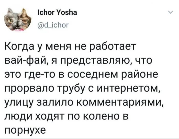 сЬогУозЬа фидер Когда у меня не работает вай фай я представляю что это где то в соседнем районе прорвало трубу с интернетом улицу залило комментариями люди ходят по колено в порнухе