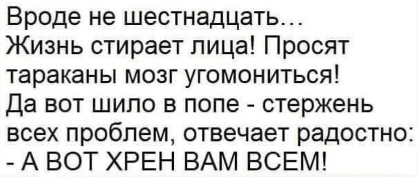 Вроде не шестнадцать Жизнь стирает лица Просят тараканы мозг угомониться Да вот шило в попе стержень всех проблем отвечает радостно А ВОТ ХРЕН ВАМ ВСЕМ