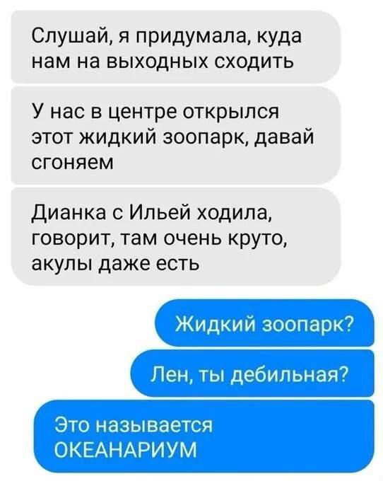 Слушай я придумала куда нам на выходных сходить У нас в центре открылся этот жидкий зоопарк давай сгоняем Дианка Ильей ходила говорит там очень круто акулы даже есть