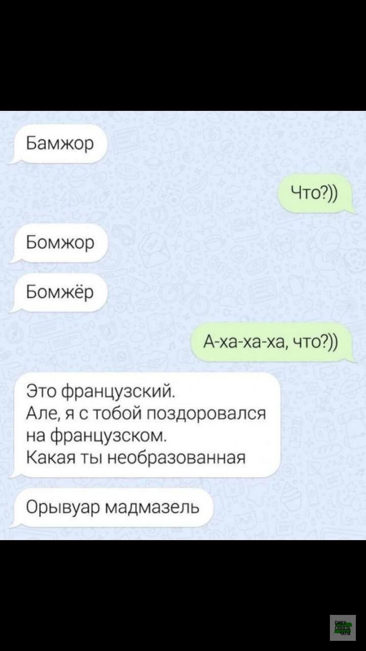 Бамжор Что Бомжор Бомжёр А ха ха ха что Это французский Але я с тобой поздоровался на французском Какая ты необразованная Орывуар мадмазель