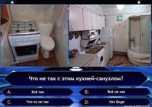 Что не так с этим кухней-санузлом? 
A: Всё так 
B: Всё не так 
C: Что-то не так 
D: Нет бида