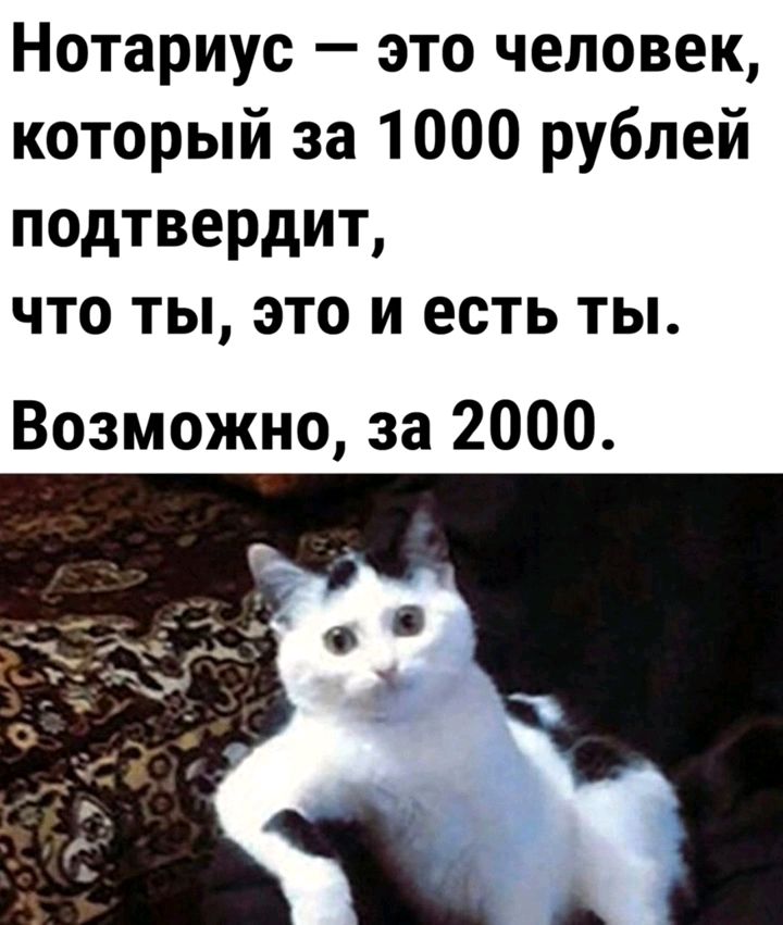 Нотариус это человек который за 1000 рублей подтвердит что ты это и есть ты Возможно за 2000