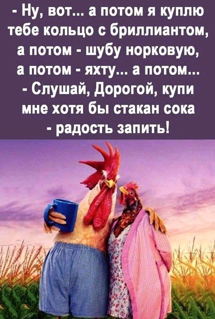 Ну вот а потом я куплю тебе кольцо с бриллиантом потом шубу норковую потом яхту потом Слушай дорогой купи мне хотя бы стакан сока радость запить _