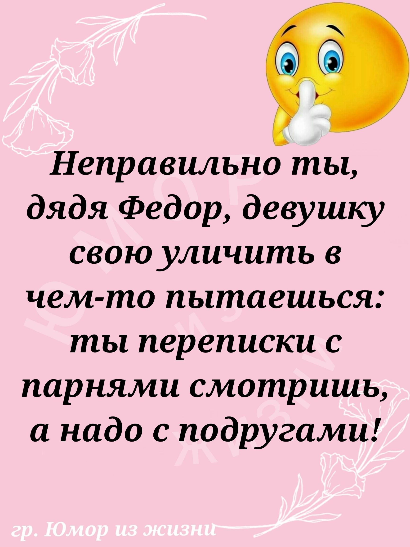 Неправильно ты дядя Федор девушку свою уличить в чем то пытаешься ты переписки с парнями смотришь а надо с подругами