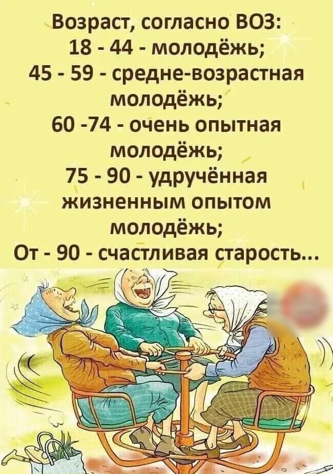 Возраст согласно ВОЗ 18 44 молодёжь 45 59 средне возрастная молодёжь 60 74 очень опытная молодёжь 75 90 удручённая ЖИЗНЕННЫМ ОПЫТОМ молодёжь От 90 счастливая старость _Ё