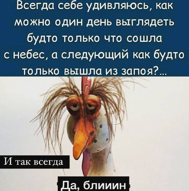 сегда сеое удивляюсь как МОЖНО ОДИН день выглядеть будто только что сошла с небес следующий как будто только вышла из запоя