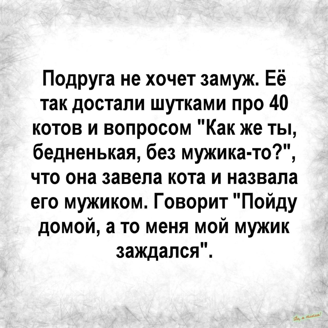 Подруга не хочет замуж Её так достали шутками про 40 котов и вопросом Как же ты бедненькая без мужика то что она завела кота и назвала его мужиком Говорит Пойду домой а то меня мой мужик заждался