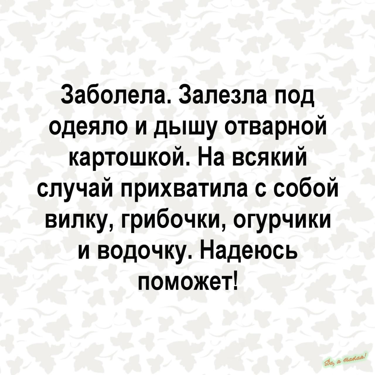 Заболела Запезла под одеяло и дышу отварной картошкой На всякий случай прихватила собой вилку грибочки огурчики и водочку Надеюсь поможет