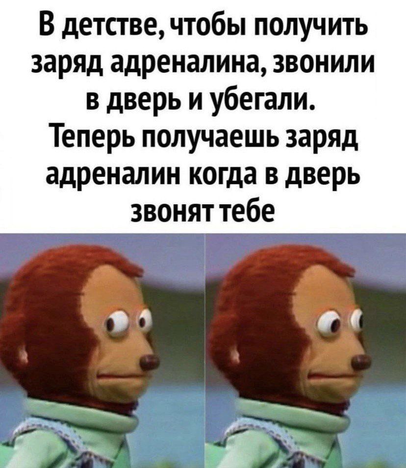 В детстве чтобы получить заряд адреналина звонили в дверь и убегали Теперь получаешь заряд адреналин когда в дверь звонят тебе